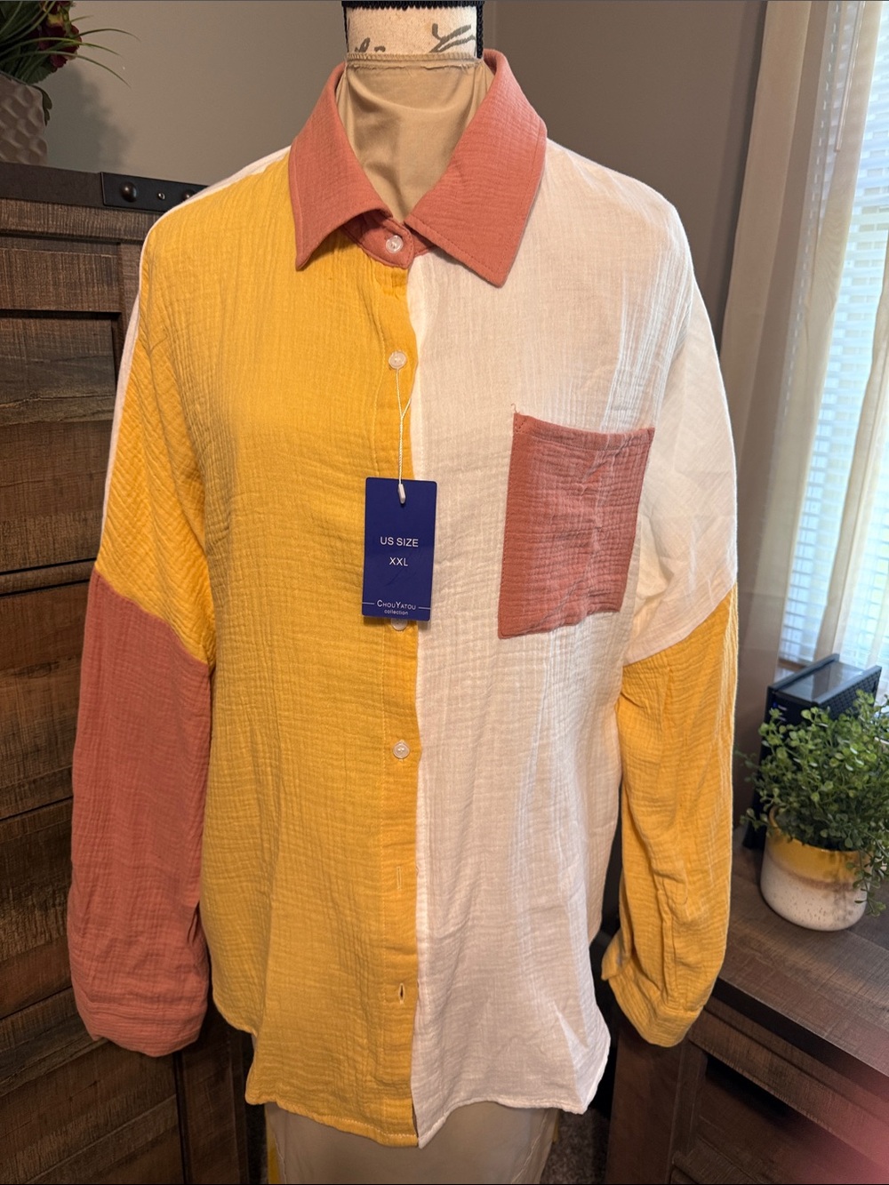 Colorblock Button-Down Shirt in Yellow, White & Rust-Tone